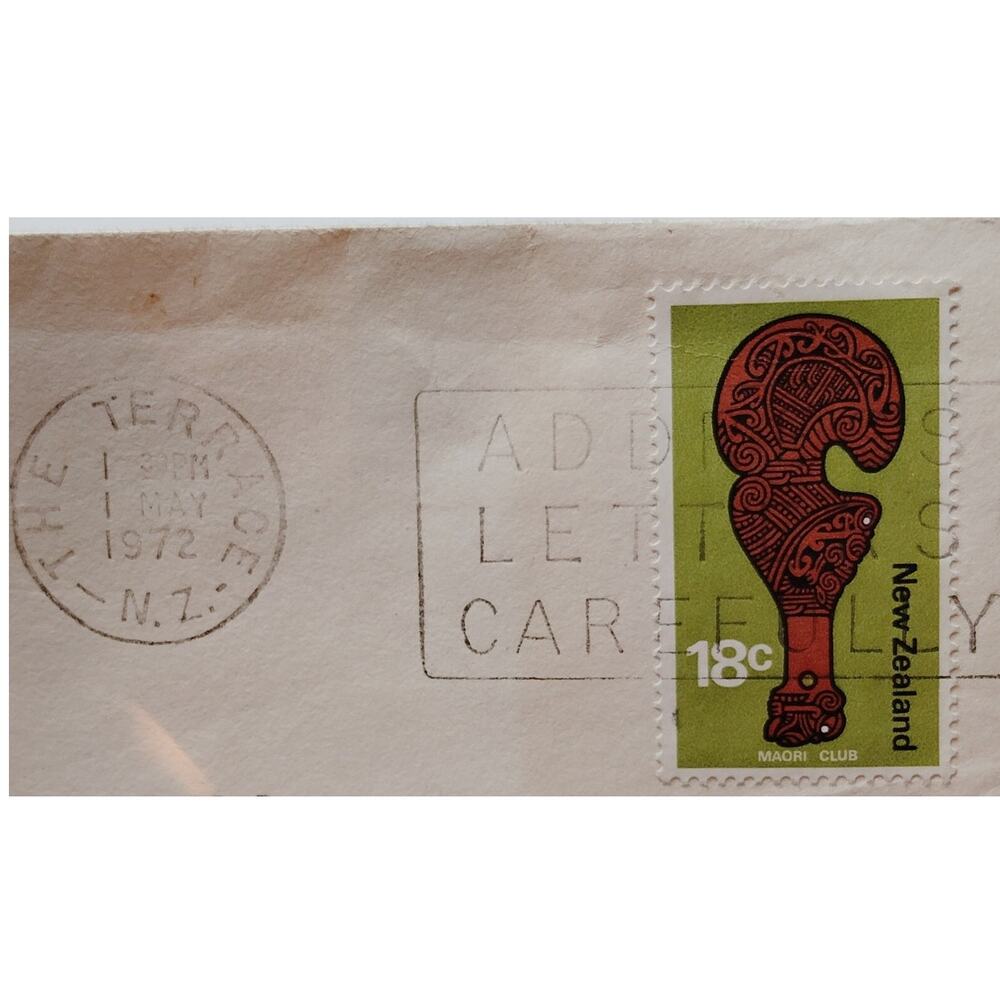 1972 New Zealand 18c Maori War Club Stamp on Cover w/ The Terrace Postmark